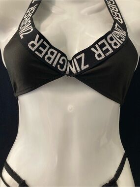 Zingiber Black Logo Bikini Top Y2K Halter Swimwear Small